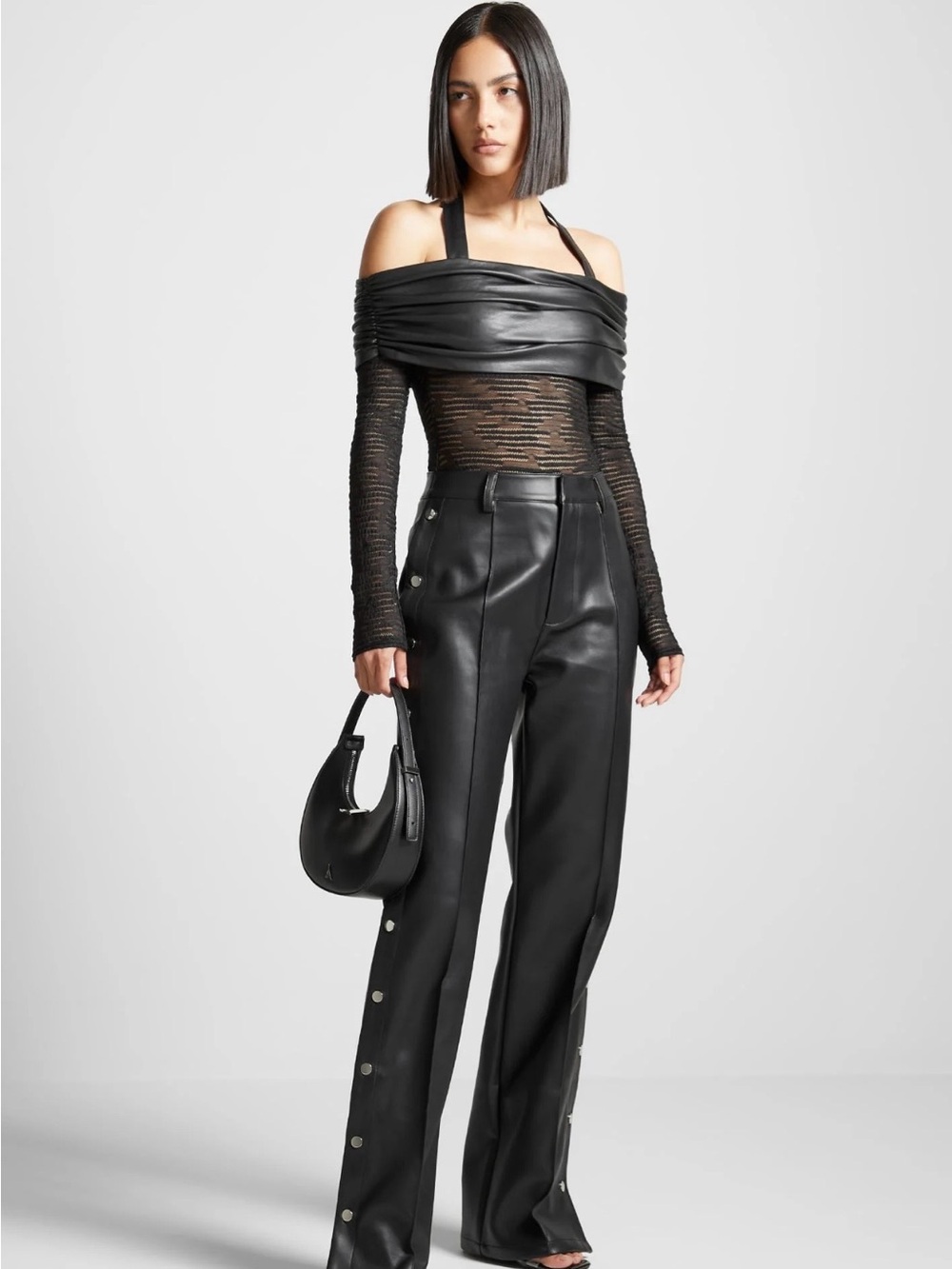 Manière De Voir Black Wide-Leg Faux-Leather Pants with Side Snap Detail